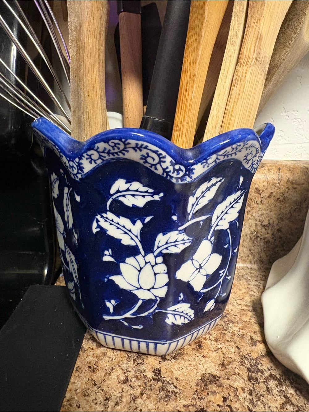 Blue and White Floral Ceramic Utensil Holder - Home Art